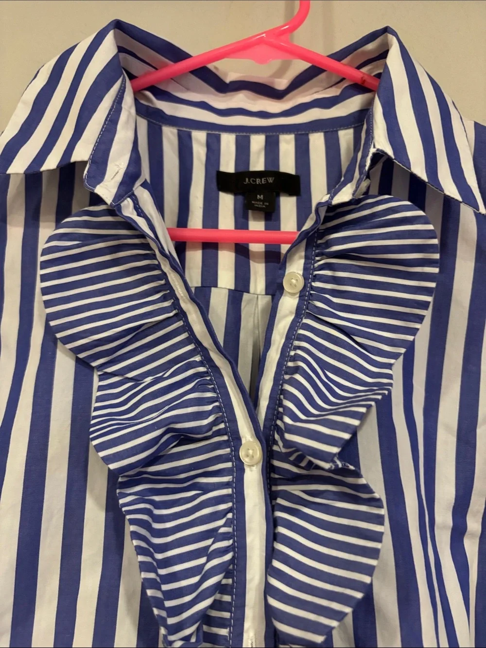 J. Crew Blue and White Striped Ruffle Sleeveless Button-Down Shirt